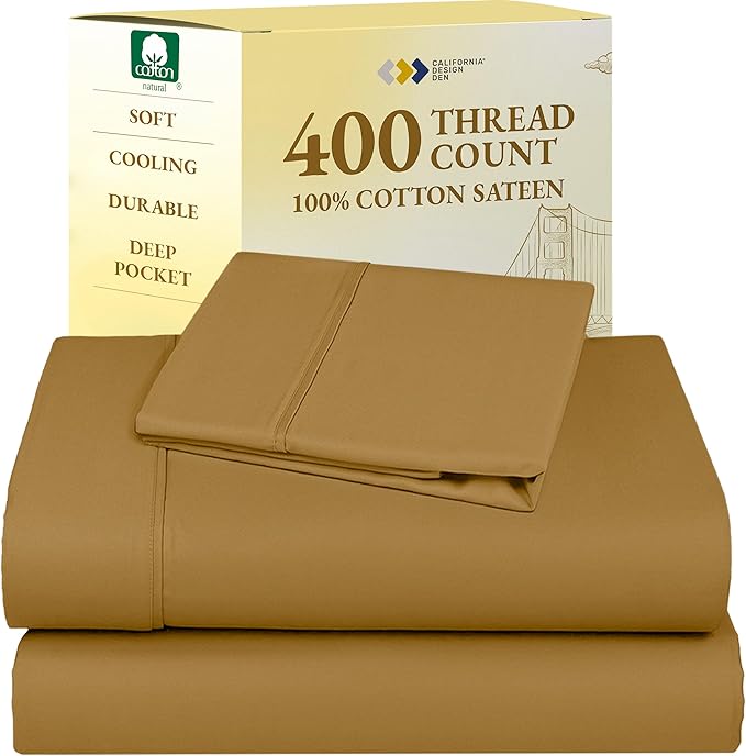 California Design Den Twin Sheets Set - Soft 400 Thread Count Sateen, Natural 100% Cotton Sheets with Deep Pockets, Cooling and Durable Bedding Set - Golden Mustard