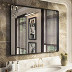 ISKM Black Metal Framed Bathroom Mirror for Wall 40" x 32" Black Bathroom Vanity Mirror, Rounded Rectangle Mirror, Anti-Rust (Horizontal/Vertical)
