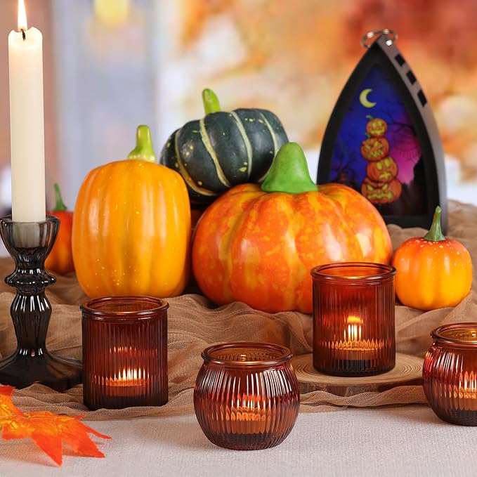 24pcs Assorted Amber Votive Candle Holders for Table Centerpiece, Fall Centerpieces for Tables, Ribbed Tea Lights Candle Holder for Wedding, Holiday and Vintage Decor