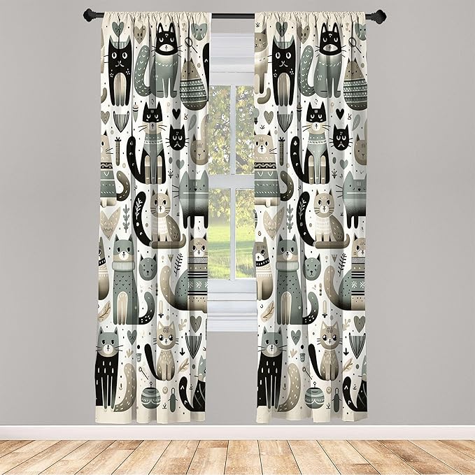 Ambesonne Cats Window Curtains Pack of 2, Modern Scandinavian Inspired Innocent Kitten Pattern with Leafy Details, Lightweight Set with Rod Pocket, 4 Panels of - 28" x 84", Pale Teal Pale Khaki Grey