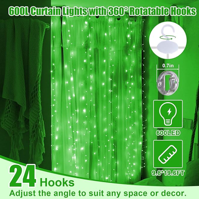600LED Green Curtain Lights for Bedroom, 19.6ft x 9.8ft Fairy Curtain String Light with 24 Hooks, 8 Modes Hanging Lights for Wedding, Party, Backdrop, Window, Xmas Decor