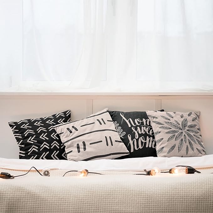Ambesonne Modern Throw Pillow Cushion Case Pack of 4, Scandinavian Minimal Ornaments Boho Feather Leaves and Home Phrase, Modern Accent Double-Sided Digital Printing, 18", Pale Tan and Charcoal Grey