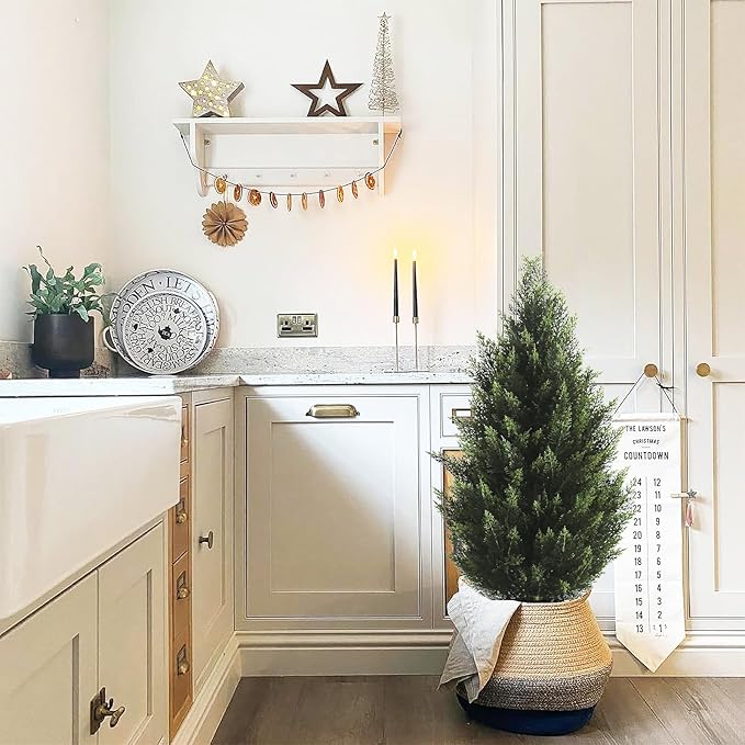 3FT Artificial Topiary Tree Realistic Faux Cedar Pines Christmas Trees UV Rated Fake Shrubs for Front Porch Faux Plants Indoor and Outdoor Decor (2 Pack)