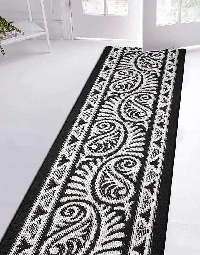 Custom Length Cut to Size Tribal Ethnic Southwestern Inspired Hallway Runner Rug, Non Slip Rubber Backed, 31 inch Wide X Customized Length, Mayan Black, 31 inch X 23 feet