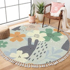 Round Rugs Floral Cute White Bunnies Hand Drawn Boho Area Rug Linen and Cotton Carpet Meditation Rug Washable Hallway Runner Mat Accent Rug for Bedroom Bathroom 3ft Multicolor
