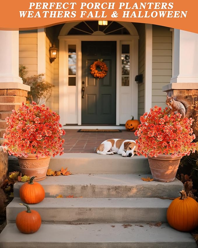 Artificial Mums Topiary Ball Tree With Flowers for Outdoors Fall Decor,23" Orange UV Resistant Fake Plants With Ground Spike Autumn Decorations for Home,Front Porch,Garden,Thanksgiving,Planters
