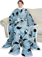 Catalonia Sherpa Wearable Blanket with Sleeves & Foot Pockets for Adult Women Men, Comfy Snuggle Wrap Sleeved Throw Blanket Robe, Gift Idea, Wonder Cat