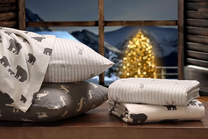 Eddie Bauer - Queen Sheets, Cotton Flannel Bedding Set, Brushed For Extra Softness, Cozy Home Decor (Deer Lodge, Queen)