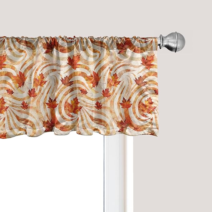 Ambesonne Fall Window Valance Pack of 2, Autumnal Theme with Swirly Intricate Shapes and Flying Leaves Print, Rod Pocket Curtain Valances for Kitchen Bedroom, 54" X 18", Ginger Marigold and Beige
