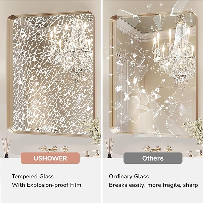 USHOWER Gold Bathroom Mirrors 24"x36" 2 Pack, Brushed Gold Rectangle Mirrors for Over Sink, Rounded Corner, Aluminum Frame, Anti-Rust, Tempered Glass, Horizontal or Vertical Mounted