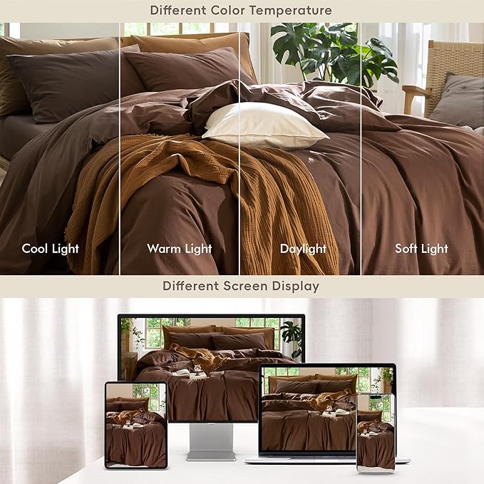MooMee Bedding Duvet Cover Set 100% Washed Cotton Linen Like Textured Breathable Durable Soft Comfy (Solid Cocoa Brown, Queen 90"x90")