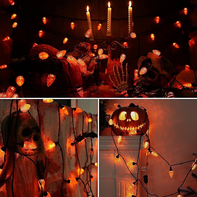 Brizled C9 Orange Lights, 16ft 25 LED Halloween Lights Connectable, UL Certified Orange Light String, Outdoor Lighting Black Wire for Halloween Thanksgiving Tree Patio Garden Party