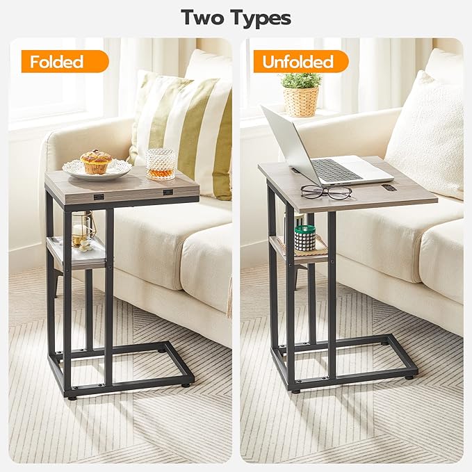 HOOBRO Foldable End Table, C Shaped Side Table with Storage Shelf, Small Snack Table Suitable for Living Room Bedroom Small Spaces, Easy Assembly, Greige and Black BG29SF01