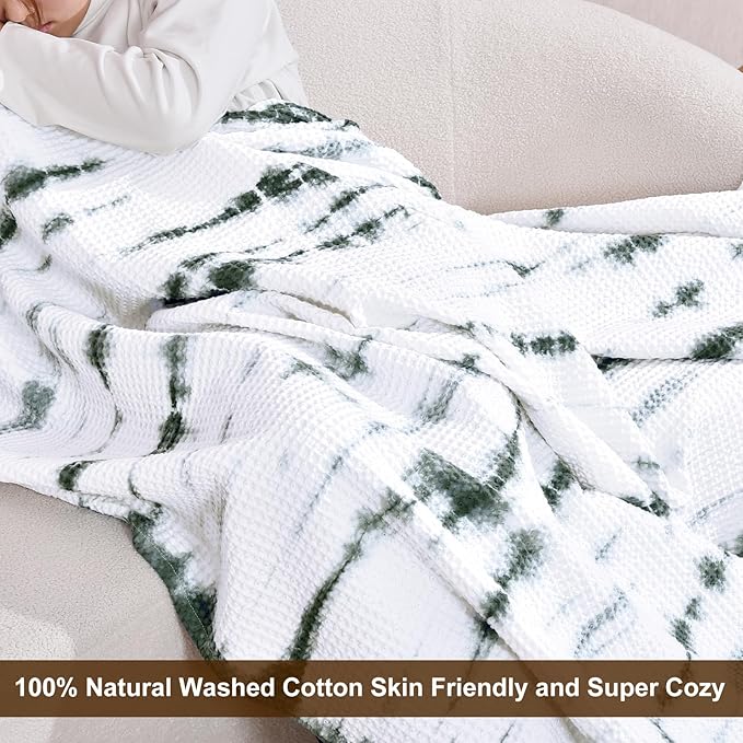 PHF 100% Cotton Tie-dye Waffle Weave Blanket Queen Size,Soft Breathable Skin-Friendly Durable Layering for All Season, Manual Elegant Delicate Pattern for Bed, Home Decor, Couch,Tie Dyed Green, 90x90