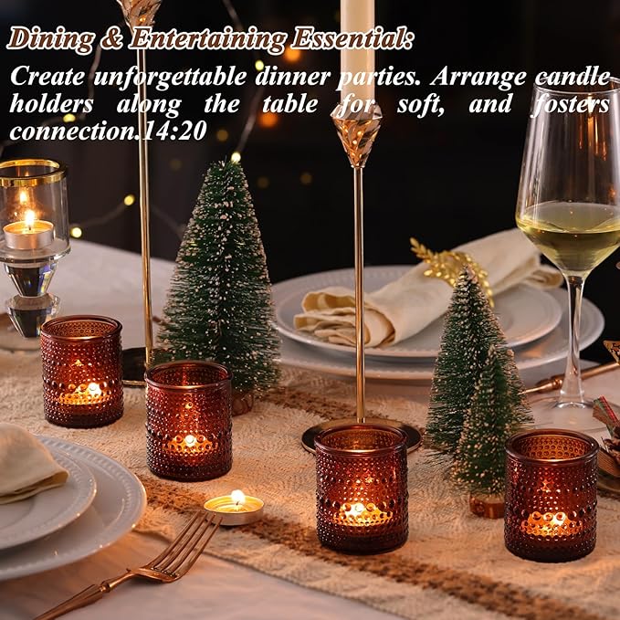 40Pcs Glass Votive Candle Holders, Amber Tea Light Candle Holders Vintage Fall Tealight Candle Holder Bulk for Autumn, Thanksgiving Table Centerpieces, Christmas Decor (Amber)