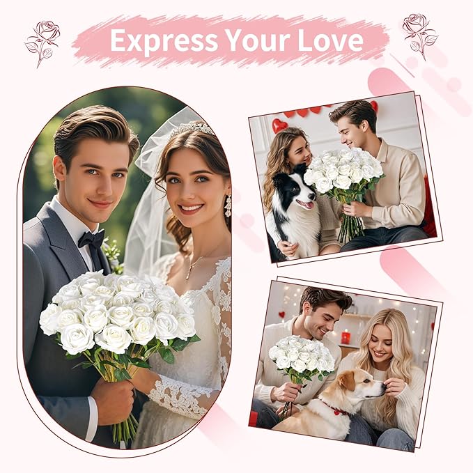 52 PCS White Artificial Roses Bulk, Fake Artificial Flowers Bridal Bouquet Silk Faux Rose with Stems for Wedding Flowers Decoration, Valentine's Day, Bridal Bouquet, Anniversary, Home Decor (52PCS)