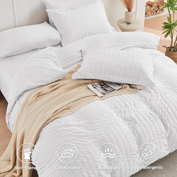 HYMOKEGE White Twin Comforter Set Seersucker 5 Pieces, All Season Luxury Bed in a Bag for Bedroom, Bedding Set with Comforters, Sheets, Pillowcase & Sham