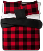 7 Piece Comforter Set Bag Solid Color All Season Soft Down Alternative Blanket & Luxurious Microfiber Bed Sheets, King, Buffalo Plaid Burgundy/Black