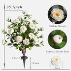 36''Artificial Camellia Tree, 2 Pack Soil Insertion w/Spike,Flower Plants, Faux Floral Plant Blooming Tree in Cement Pot, Greenery Potted Plant for Indoor Outdoor Office Home Porch Decor