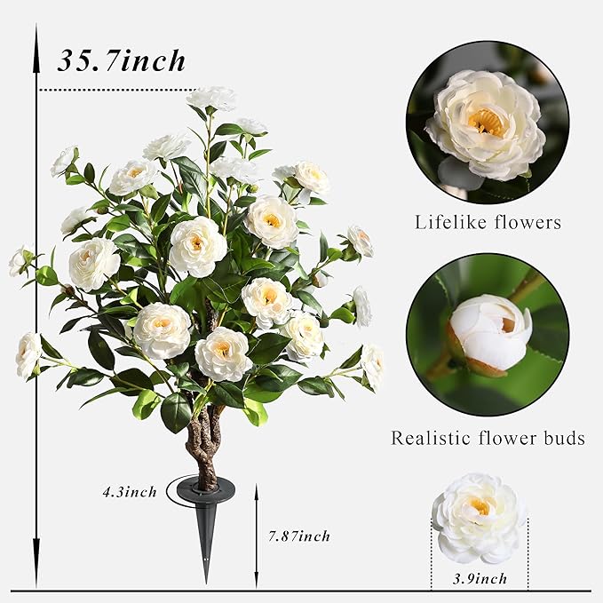 36''Artificial Camellia Tree, 2 Pack Soil Insertion w/Spike,Flower Plants, Faux Floral Plant Blooming Tree in Cement Pot, Greenery Potted Plant for Indoor Outdoor Office Home Porch Decor