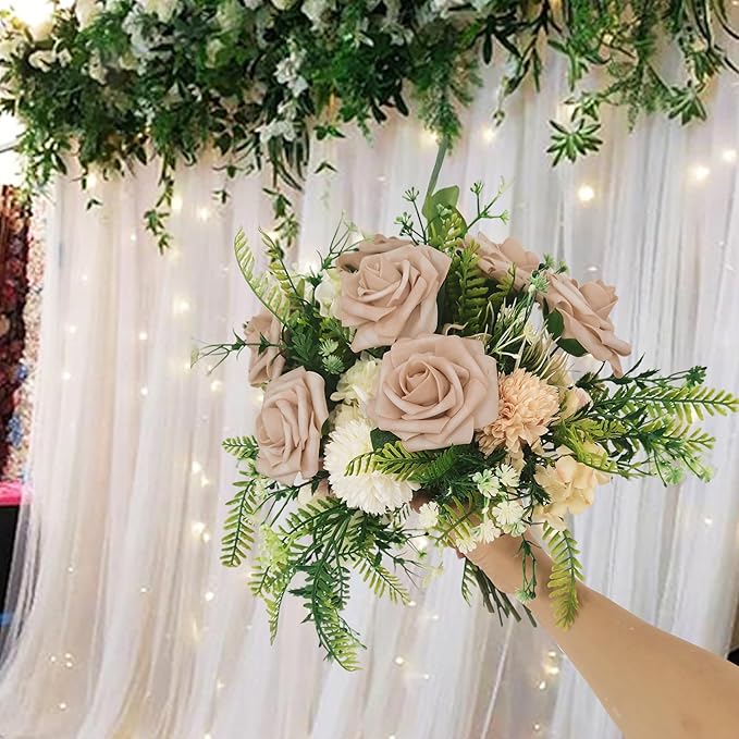 Artificial Flowers 25pcs Fake Roses, Caramel Foam Rose Faux Flower for DIY Wedding Bouquets Bridal Shower Centerpieces Floral Arrangements Home Decorations Party Backdrops Table