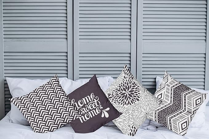 Ambesonne Geometric Throw Pillow Cushion Case Pack of 4, Home Phrase Minimal Zigzag Squama Dahlia Flower Petals Chevron Tribal, Modern Accent Double-Sided Digital Printing, 24", Dark Mauve and White