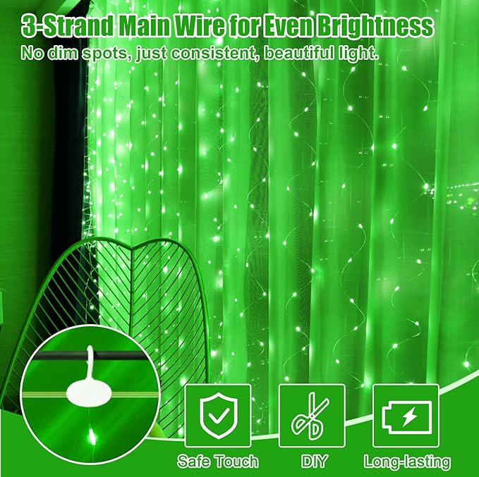 600LED Green Curtain Lights for Bedroom, 19.6ft x 9.8ft Fairy Curtain String Light with 24 Hooks, 8 Modes Hanging Lights for Wedding, Party, Backdrop, Window, Xmas Decor