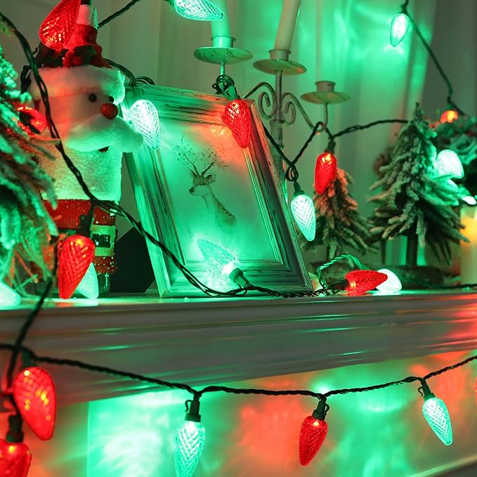 Brizled C9 Christmas Lights, 16ft 25 LED Faceted C9 Christmas Lights, Connectable Indoor Outdoor Xmas String Lights, 120V UL Certified for Tree Backyard Garden Porch Party & Holiday Decor, Red & Green