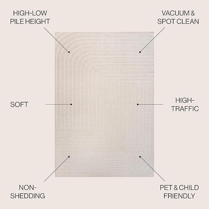 Eyely NCS101A-5SQ Scandinavian Odense Minimalist Angle Geometric Indoor Rug, Pet Friendly, Non-Shedding, Stain Resistant, Easy-Cleaning, Ivory/Cream, 5' Square, Indoor/Outdoor, Area Rug