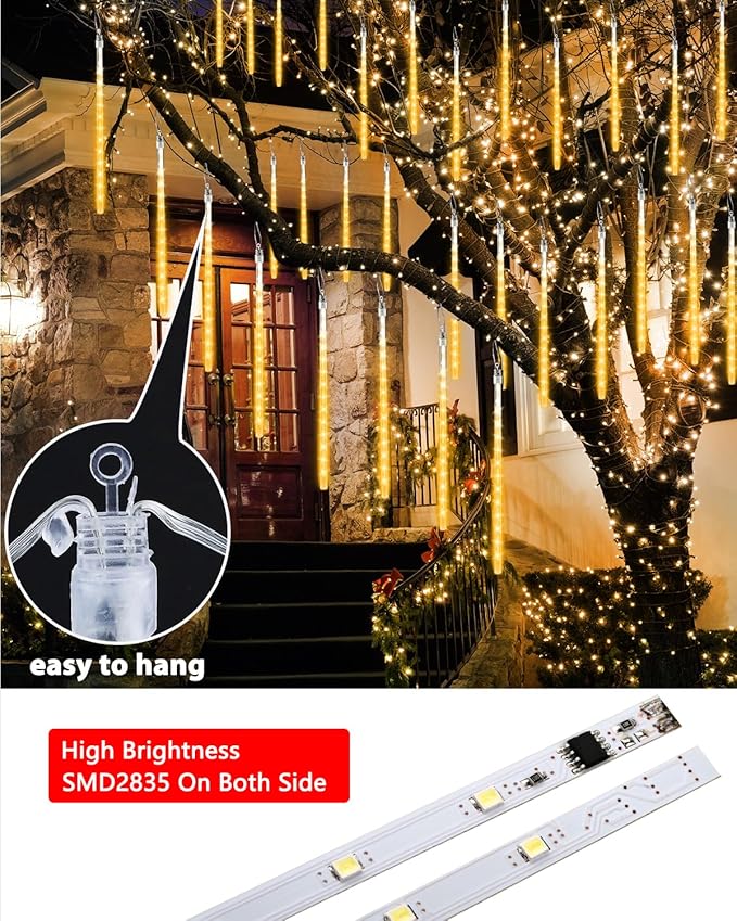 Joomer 2Pack Christmas Lights Outdoor, 11.8 inch 10 Tubes 240 LED Meteor Shower Lights, LED Falling Icicle Cascading Light with Timer Waterproof and Connectable for Christmas Decoration (Warm White)