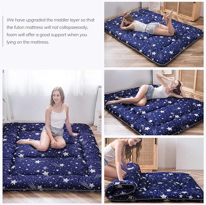 MAXYOYO Navy Starry Sky Japanese Futon Mattress, Tatami Mat Portable Camping Mattress, Kids Sleeping Pad, Foldable Roll Up Floor Lounger Couch Bed, Twin Size with Cover