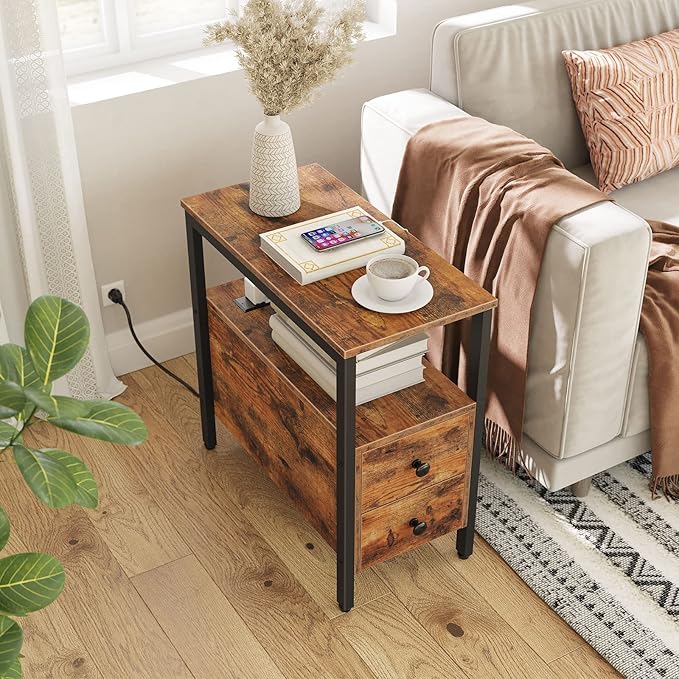 HOOBRO End Table with Charging Station, Narrow Side Table with 2 Drawer & Power Outlets, Nightstand Small Spaces, Rustic Brown and Black BF541BZP201