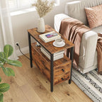 HOOBRO End Table with Charging Station, Narrow Side Table with 2 Drawer & Power Outlets, Nightstand Small Spaces, Rustic Brown and Black BF541BZP201