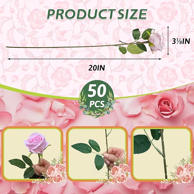 50 PCS Fake Pink Roses, Artificial Flowers Bulk Realistic Silk Faux Rose with Stems for Wedding Decoration Bridal Bouquet Birthday Celebrations DIY Floral Arrangement Home Decor