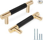 Knurled Cabinet Pulls 12 Pack, 4 Inch Long Cabinet Handles Metal Door Pulls, Kitchen Drawer Pull Knurled Dresser Handles - 3" Hole to Hole, Black & Gold