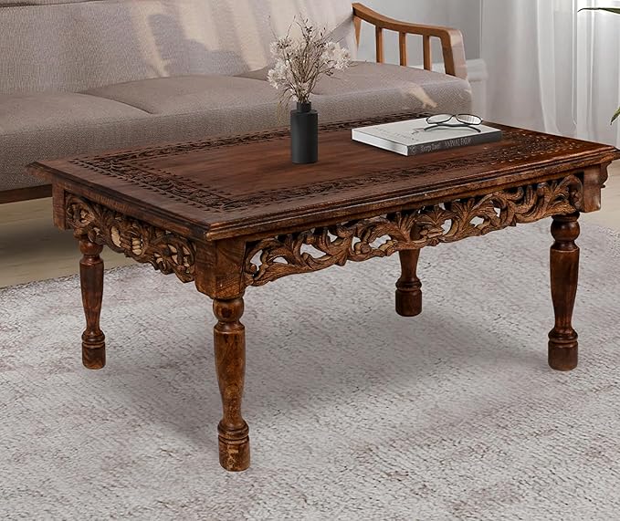 Rectangular Wooden Coffee Table Cutwork Jali Carving, Farmhouse Coffee Table, Rustic Center Table, Mid Century, Rustic and Modern Style Living Room Furniture - 36x24x18 Inch Burnt