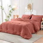 HYMOKEGE Coral King Size Comforter Set Seersucker 7 Pieces, All Season Luxury Bed in a Bag for Bedroom, Bedding Set with Comforter, Sheets, Pillowcases & Shams