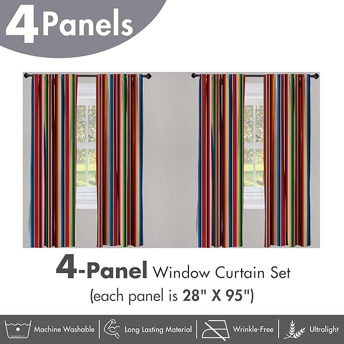 Ambesonne Cinco de Mayo Window Curtains Pack of 2, Mexican Serape Colorful Stripes Vertical Lines Latino Design Illustration, Lightweight Set with Rod Pocket, 4 Panels of - 28" x 95", Burgundy Blue