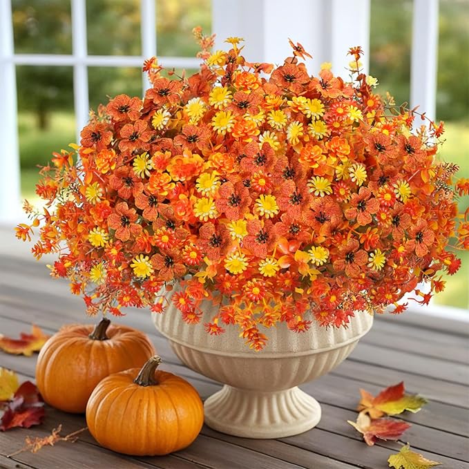 Artificial Fake Mums Flowers Plants for Outdoors Autumn Fall Decoration,16 Bundles Faux mums Mix Silk Glory UV Sun Resistant, Realistic Fall Flowers for Planter Porch Patio Yard Balcony Home Decor