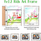 KINLINK 9x12 Kids Art Frames Set of 2, Solid Wood Kids Artwork Frames Changeable with Acrylic Front Opening Holds 150 Pictures, Art Frame for Kids Artwork with Mat or without Mat, Rustic White