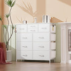 10 Drawer Dresser, Chest of Drawers for Bedroom, PU Dresser with Side Pockets, Hooks, Wooden Top and Sturdy Metal Frame for Living Room, Closet, Hallway (White)
