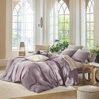 MooMee Bedding Duvet Cover Set 100% Washed Cotton Linen Like Textured Breathable Durable Soft Comfy (Solid Taro Purple, Oversized Queen 98"x98")