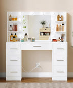 Irontar Makeup Vanity Desk with Mirror, 43.3" L Vanity Table with 10 LED Lights & 7 Metal Sliding Drawers, Brightness Adjustable & Open Shelves, for Women, Wife, White