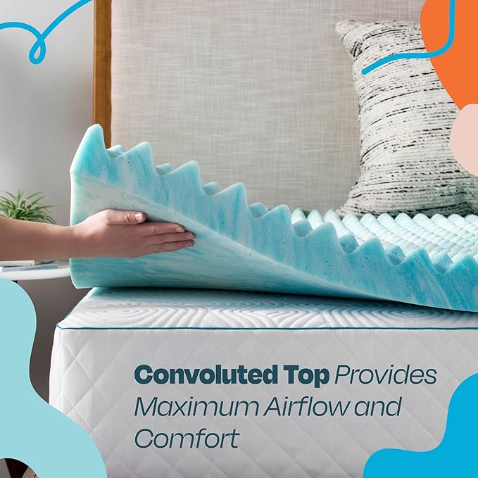 Linenspa 2 Inch Convoluted Gel Swirl Memory Foam Mattress Topper - Promotes Airflow - Relieves Pressure Points - Queen
