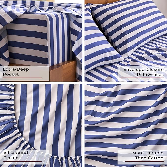 Mellanni King Sheets Set - 4 PC Iconic Collection Bedding - Hotel Luxury, Extra Soft, Cooling Bed Sheets - Wrinkle, Fade, Stain Resistant (King, Oxford Stripe Blue Nova)