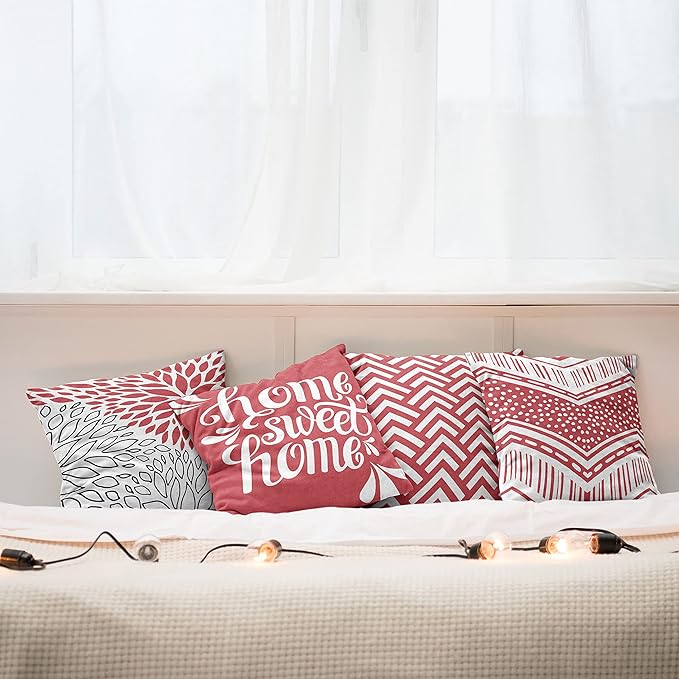 Ambesonne Geometric Throw Pillow Cushion Case Pack of 4, Home Phrase Minimal Zigzag Squama Dahlia Flower Petals Chevron Tribal, Modern Accent Double-Sided Digital Printing, 20", Dark Coral and White