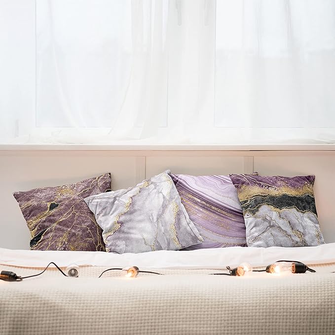 Ambesonne Marble Print Throw Pillow Cushion Case Pack of 4, Quartz Inspired Design of Stone Surface Look Print Modern Style Stained, Modern Accent Double-Sided Digital Printing, 20", Mauve Lilac Grey