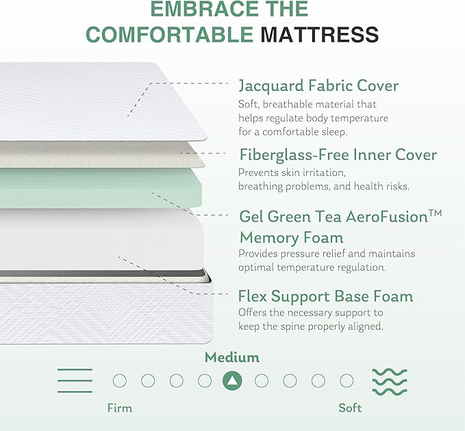 Queen Mattress in a Box, 12 inch Mattresses for Platform Bed Double Size Daybed, Green Tea Memory Foam Mattress for Cool Sleep & Pressure Relief, Medium Firm