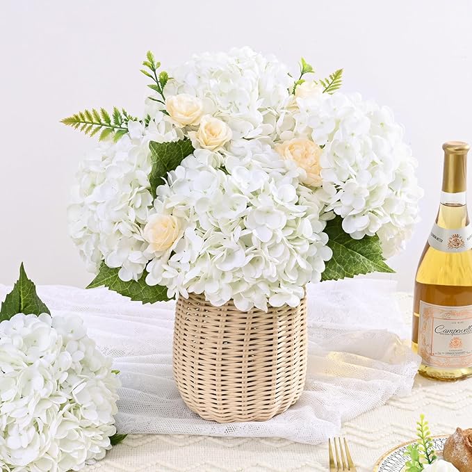 3 Pcs Real Touch Hydrangea Artificial Flowers, 21" White Full Faux Hydrangea Flowers Latex Fake Flowers for Home Decor Party Floral Arrangements Wedding Bouquets Centerpieces Outdoor Decor