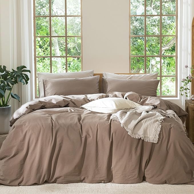 MooMee Bedding Duvet Cover Set 100% Washed Cotton Linen Like Textured Breathable Durable Soft Comfy (Solid Brown, Full 80"x90")